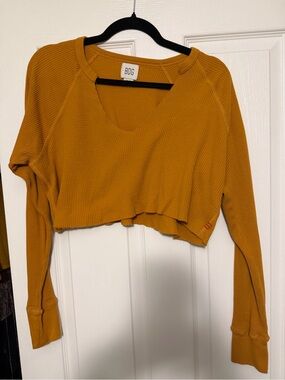 BDG Mustard Waffle-Knit Cropped V-Neck Long-Sleeve Top